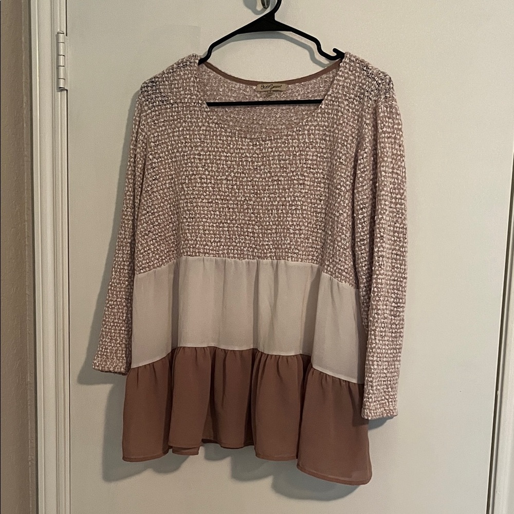 Brown Layered 3/4 Sleeve Too/Blouse Oh Gussi Ruffled /Striped Large